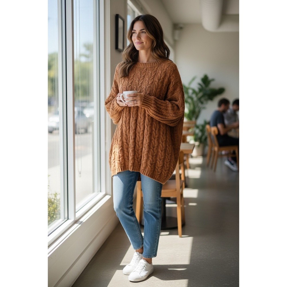Umgee Swing Me‎ Brown Cable Knit Oversized Sweater Long Sleeve NWT Sz S Soft